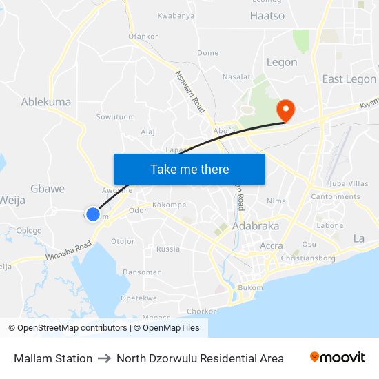 Mallam Station to North Dzorwulu Residential Area map