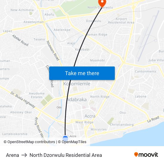 Arena to North Dzorwulu Residential Area map