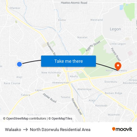 Walaako to North Dzorwulu Residential Area map
