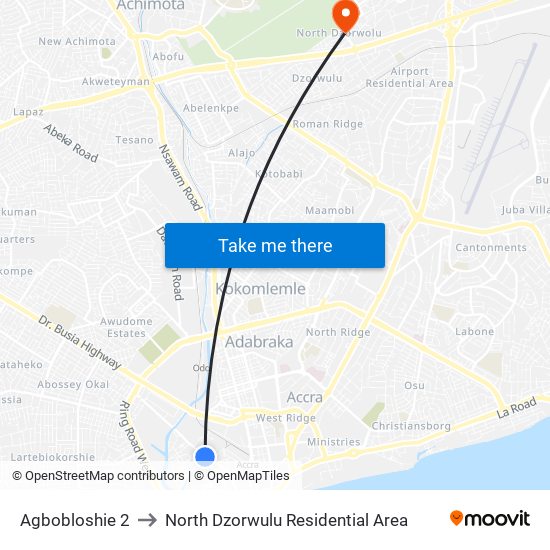 Agbobloshie 2 to North Dzorwulu Residential Area map