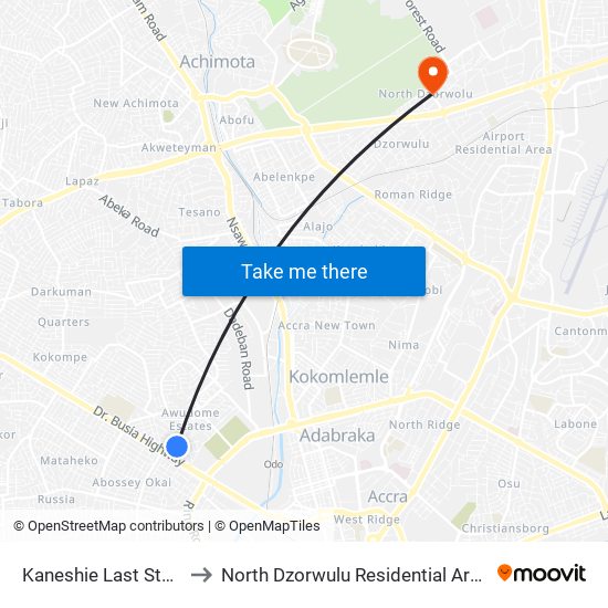 Kaneshie Last Stop to North Dzorwulu Residential Area map