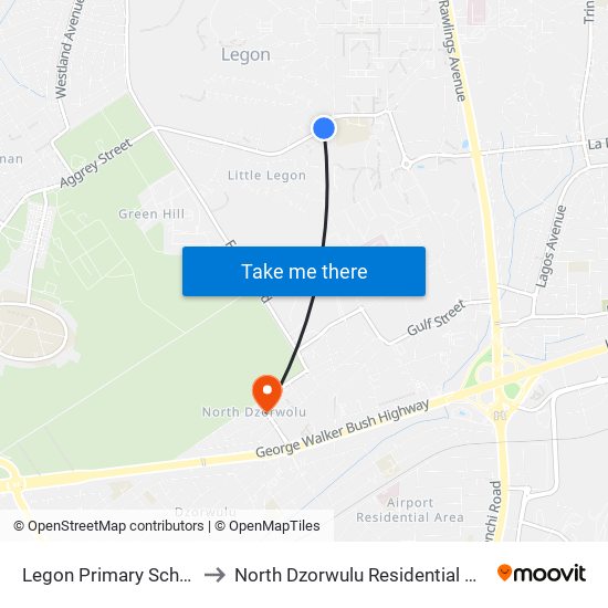 Legon Primary School to North Dzorwulu Residential Area map