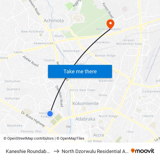 Kaneshie Roundabout to North Dzorwulu Residential Area map