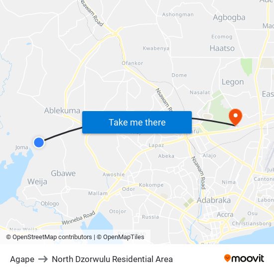 Agape to North Dzorwulu Residential Area map