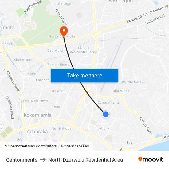 Cantonments to North Dzorwulu Residential Area map