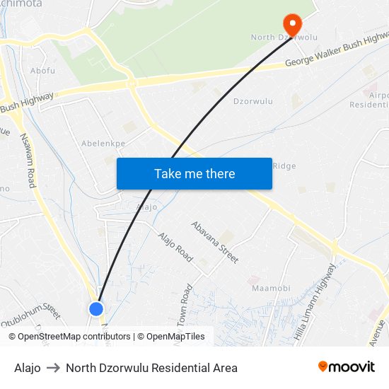 Alajo to North Dzorwulu Residential Area map