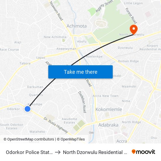 Odorkor Police Station to North Dzorwulu Residential Area map