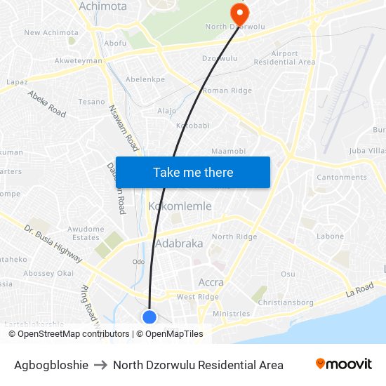 Agbogbloshie to North Dzorwulu Residential Area map