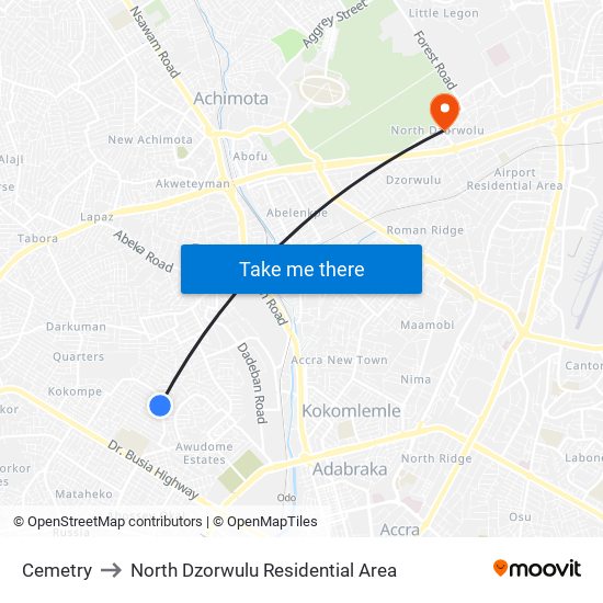 Cemetry to North Dzorwulu Residential Area map