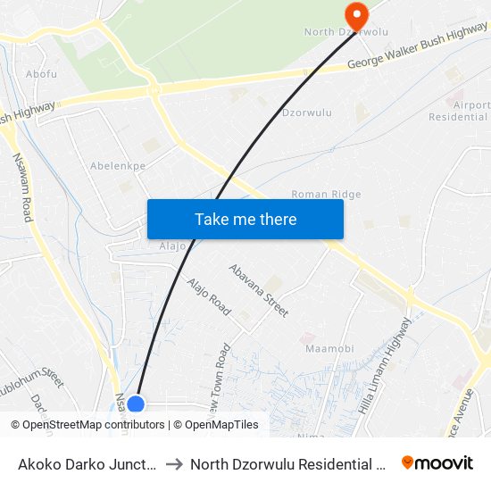 Akoko Darko Junction to North Dzorwulu Residential Area map