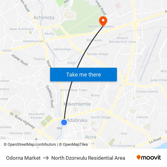 Odorna Market to North Dzorwulu Residential Area map