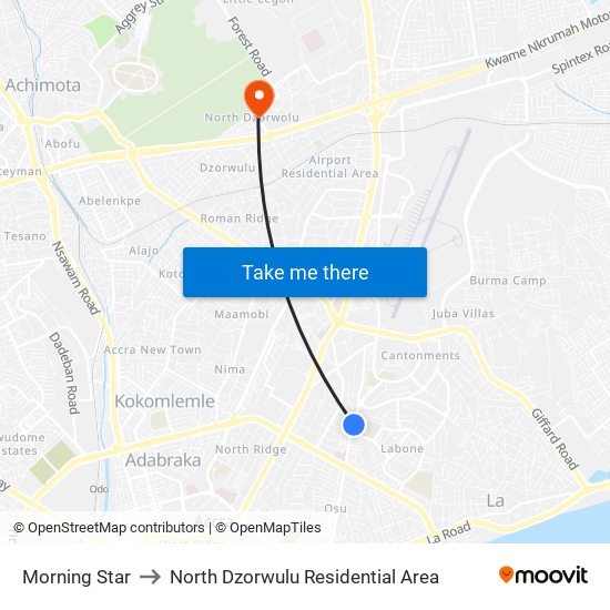 Morning Star to North Dzorwulu Residential Area map