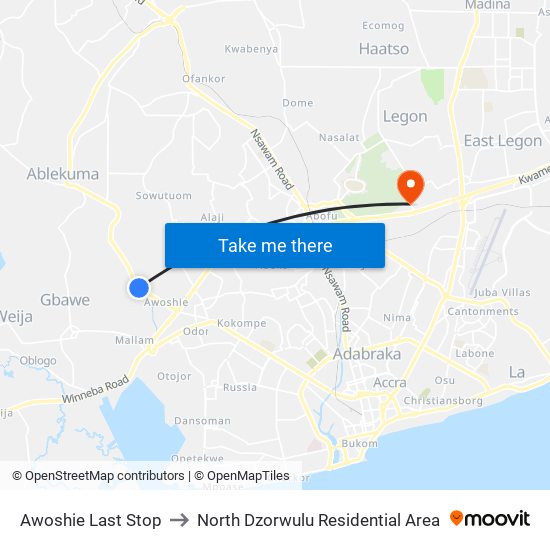 Awoshie Last Stop to North Dzorwulu Residential Area map
