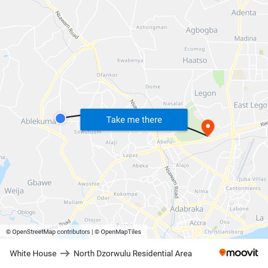 White House to North Dzorwulu Residential Area map