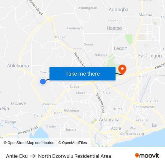 Antie-Eku to North Dzorwulu Residential Area map
