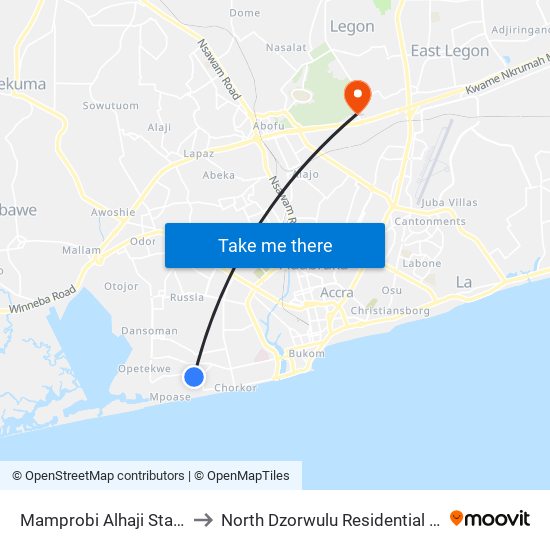 Mamprobi Alhaji Station to North Dzorwulu Residential Area map