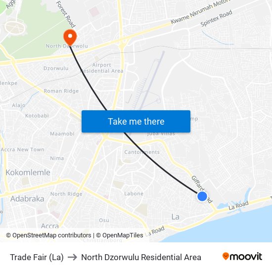 Trade Fair (La) to North Dzorwulu Residential Area map