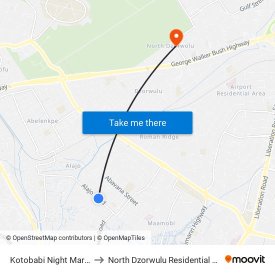 Kotobabi Night Market to North Dzorwulu Residential Area map