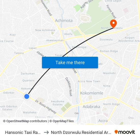 Hansonic Taxi Rank to North Dzorwulu Residential Area map
