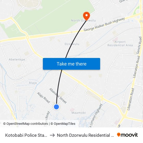 Kotobabi Police Station to North Dzorwulu Residential Area map