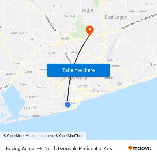 Boxing Arena to North Dzorwulu Residential Area map
