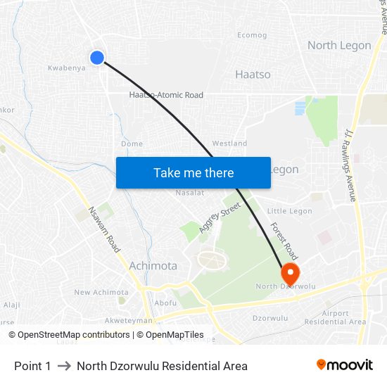 Point 1 to North Dzorwulu Residential Area map