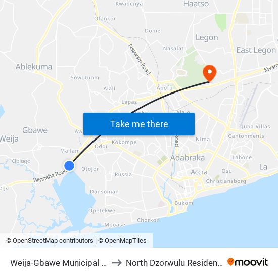 Weija-Gbawe Municipal Hospital to North Dzorwulu Residential Area map