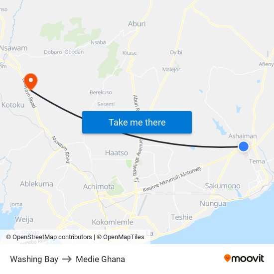 Washing Bay to Medie Ghana map