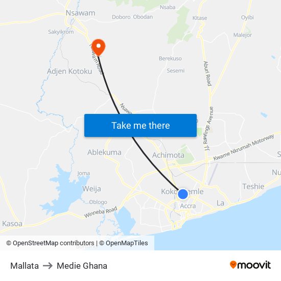 Mallata to Medie Ghana map