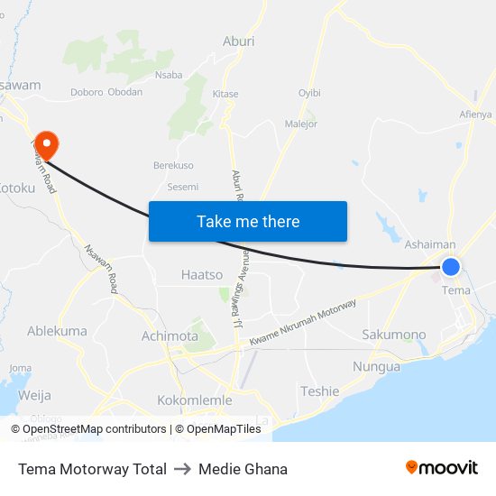 Tema Motorway Total to Medie Ghana map