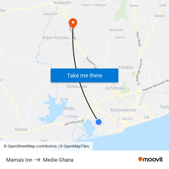 Mama's Inn to Medie Ghana map