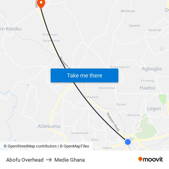 Abofu Overhead to Medie Ghana map