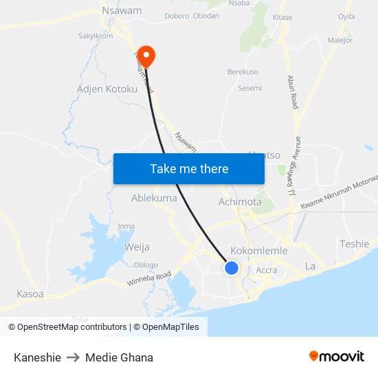 Kaneshie to Medie Ghana map