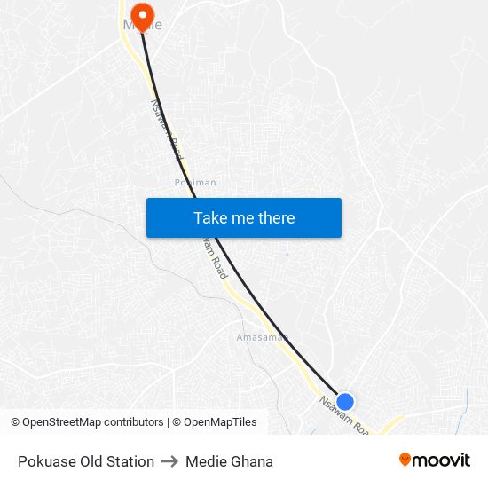 Pokuase Old Station to Medie Ghana map