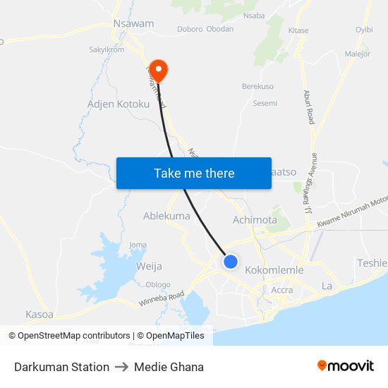 Darkuman Station to Medie Ghana map