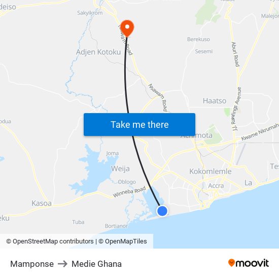 Mamponse to Medie Ghana map