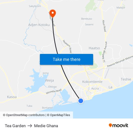 Tea Garden to Medie Ghana map