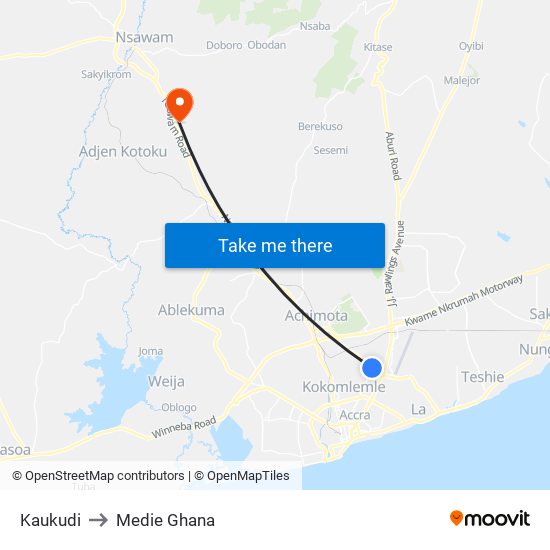 Kaukudi to Medie Ghana map