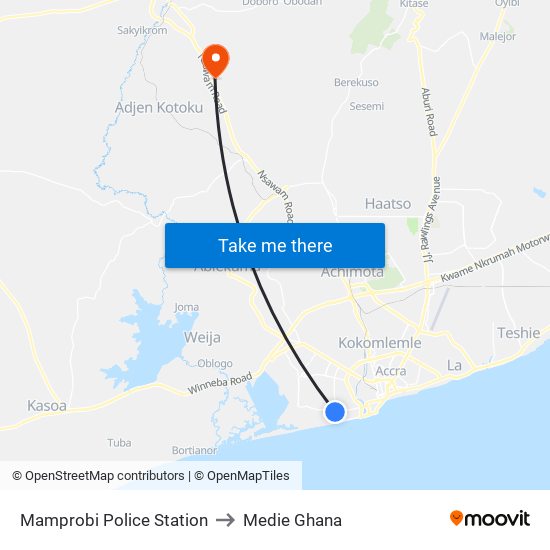 Mamprobi Police Station to Medie Ghana map