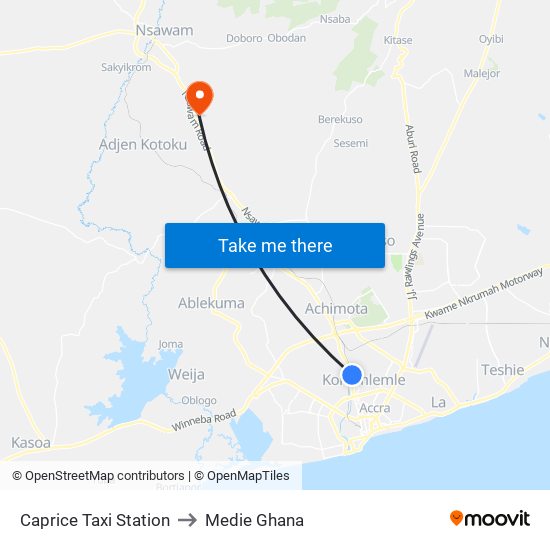 Caprice Taxi Station to Medie Ghana map