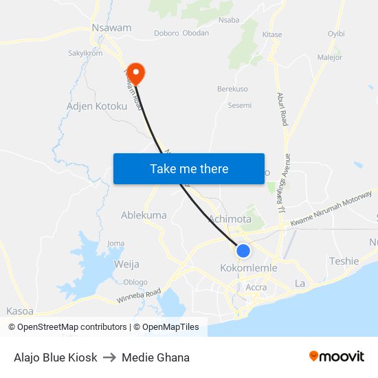 Alajo Blue Kiosk to Medie Ghana map