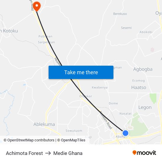 Achimota Forest to Medie Ghana map