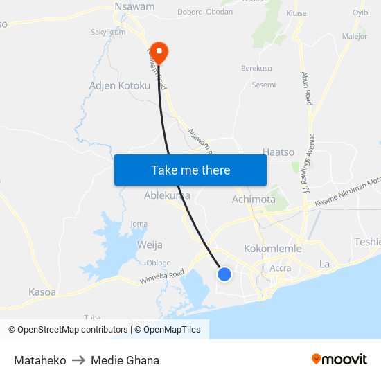 Mataheko to Medie Ghana map