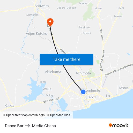 Dance Bar to Medie Ghana map