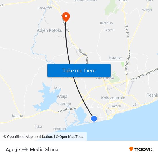 Agege to Medie Ghana map