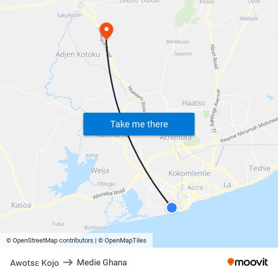 Awotsɛ Kojo to Medie Ghana map