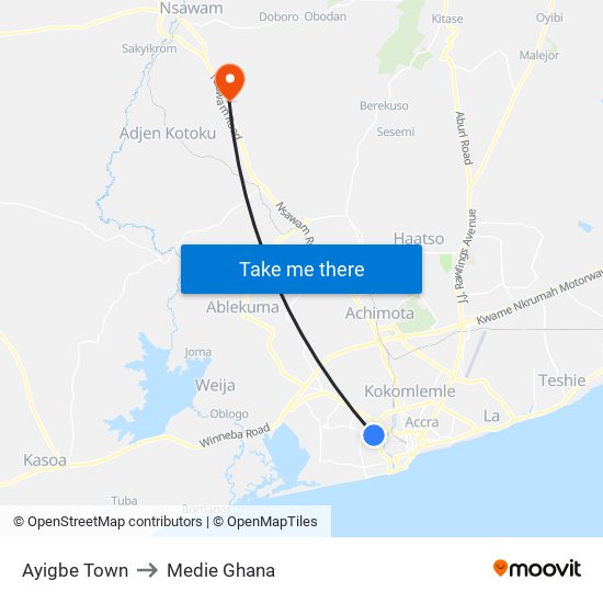 Ayigbe Town to Medie Ghana map