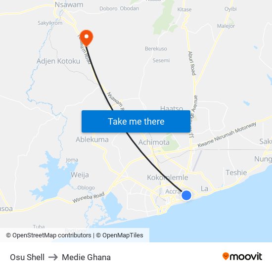 Osu Shell to Medie Ghana map
