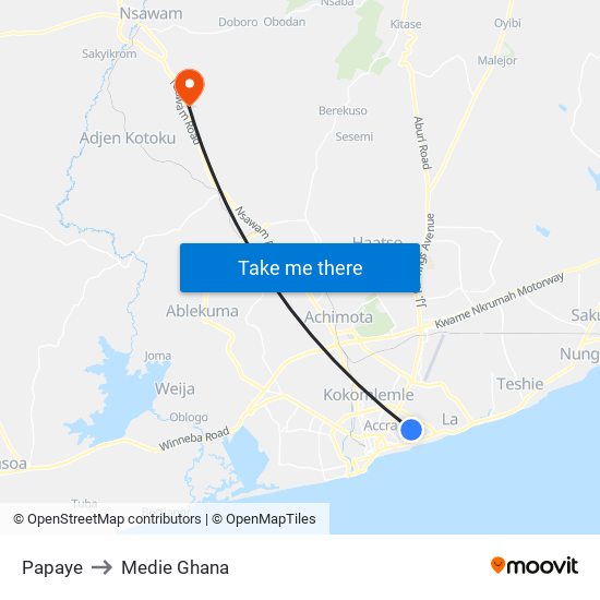 Papaye to Medie Ghana map