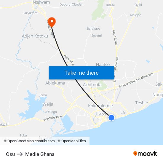 Osu to Medie Ghana map